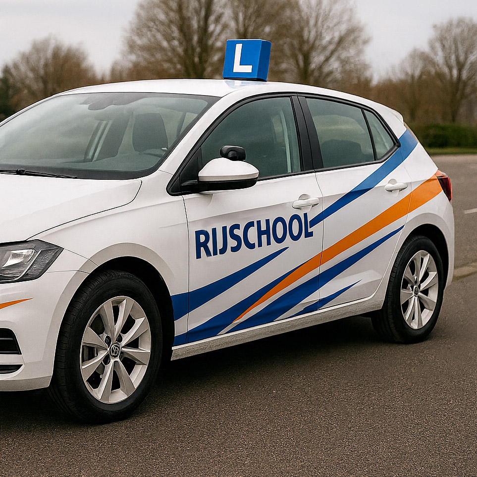 Outdoor belettering op een wagen van de rijschool autostickers wagenbelettering kleefletters