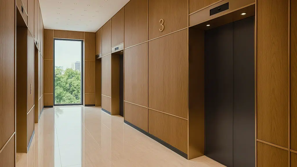 Interieurfolie met luxueuze houtstrucutuur stijlvolle meubel en wandbekleding in de lifthal van een hotel