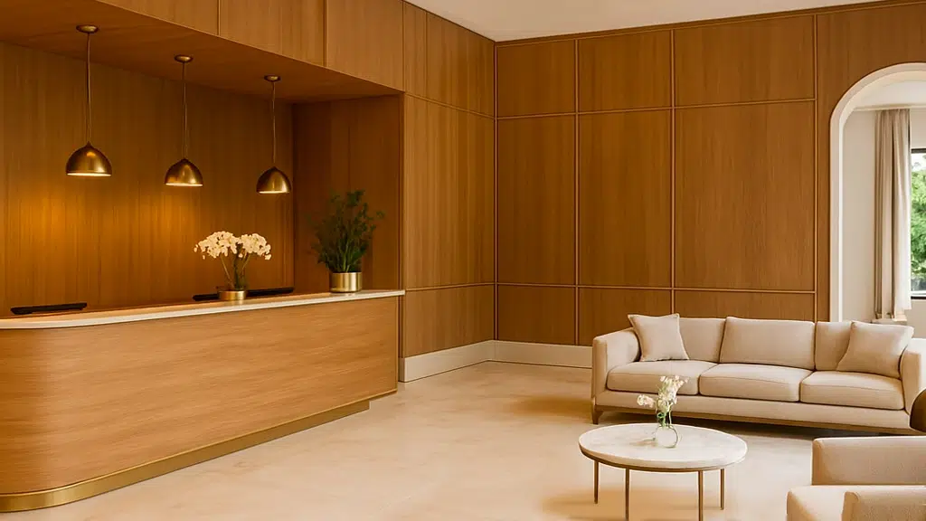 Interieurfolie met warme houtstrucutuur stijlvolle meubel en wandbekleding in de lobby van een hotel