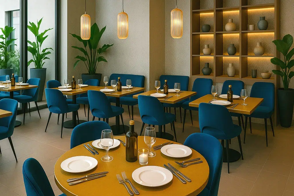 Stijlvol restaurant verfraaid met interieurfolies voor privacy en sfeer, op maat van de horeca door AMS Indoor