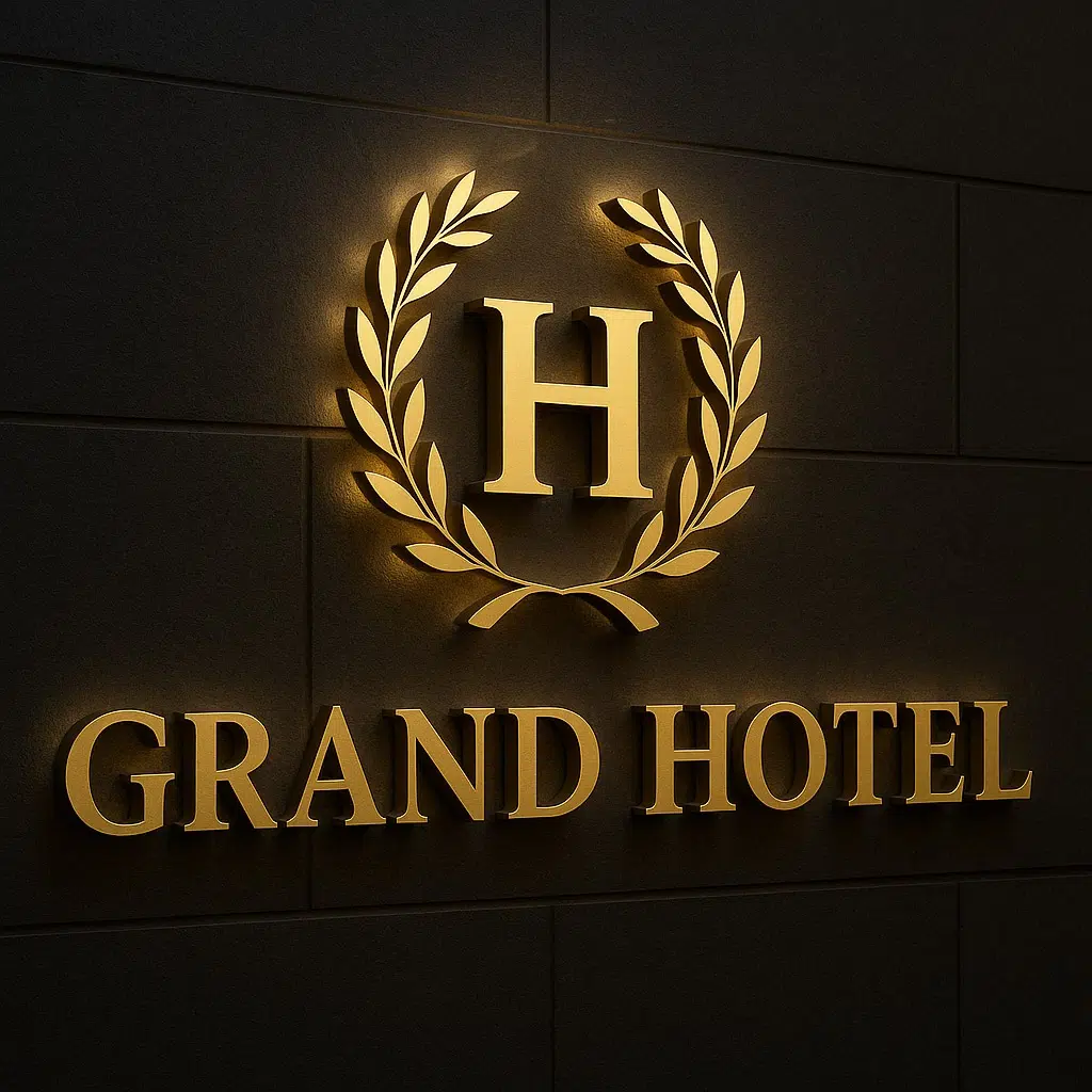 3D doosletters voor een hotel in goud gepoederlakt met indirecte led-verlichting AMS