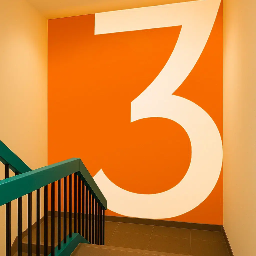 Indoor-singnalisatie-met-walltex-muurbekleding-op-een-muur-in-de-traphal-van-een-kantoor